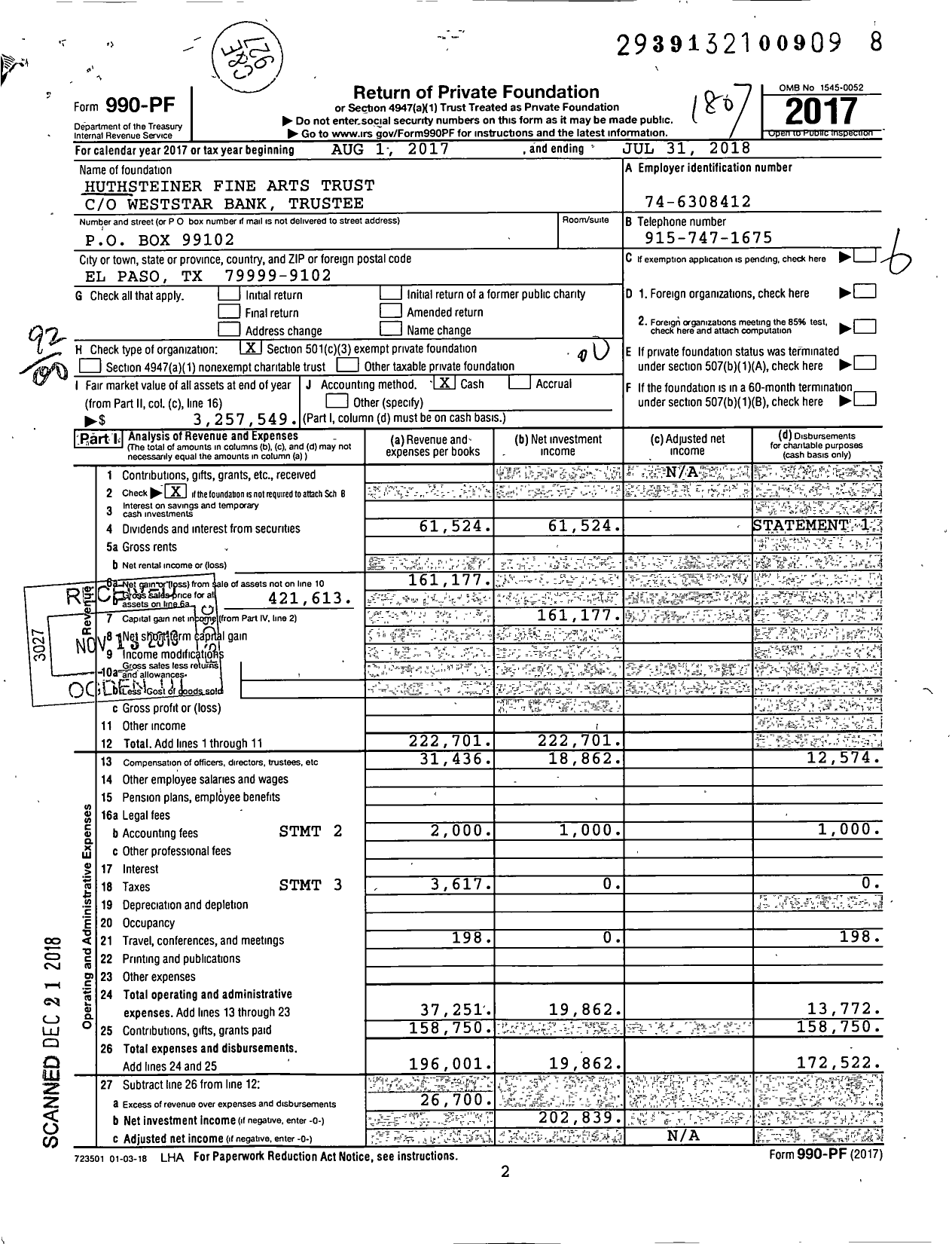 Image of first page of 2017 Form 990PF for Huthsteiner Fine Arts Trust