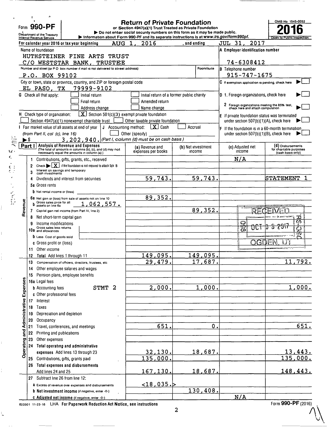 Image of first page of 2016 Form 990PF for Huthsteiner Fine Arts Trust