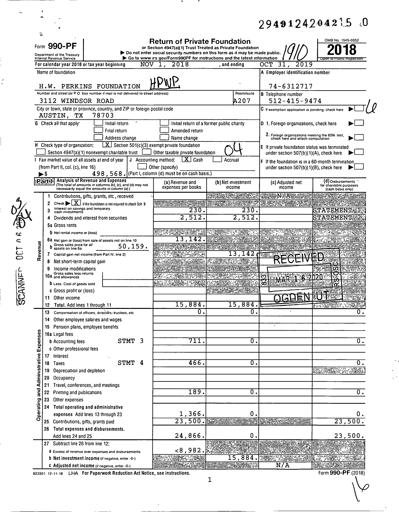 Image of first page of 2018 Form 990PR for HW Perkins Foundation