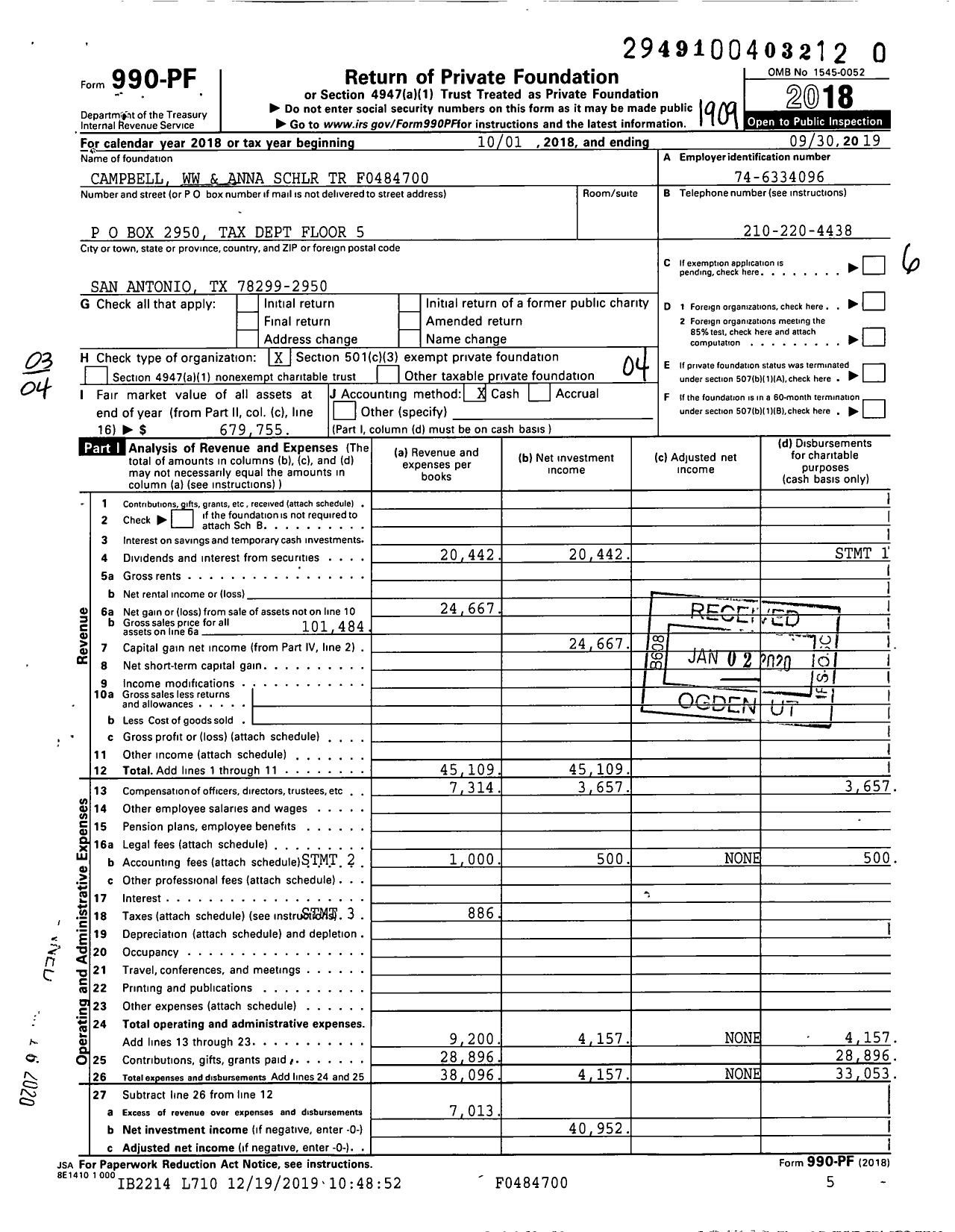 Image of first page of 2018 Form 990PR for Campbell WW and Anna SCHLR TR F0484700