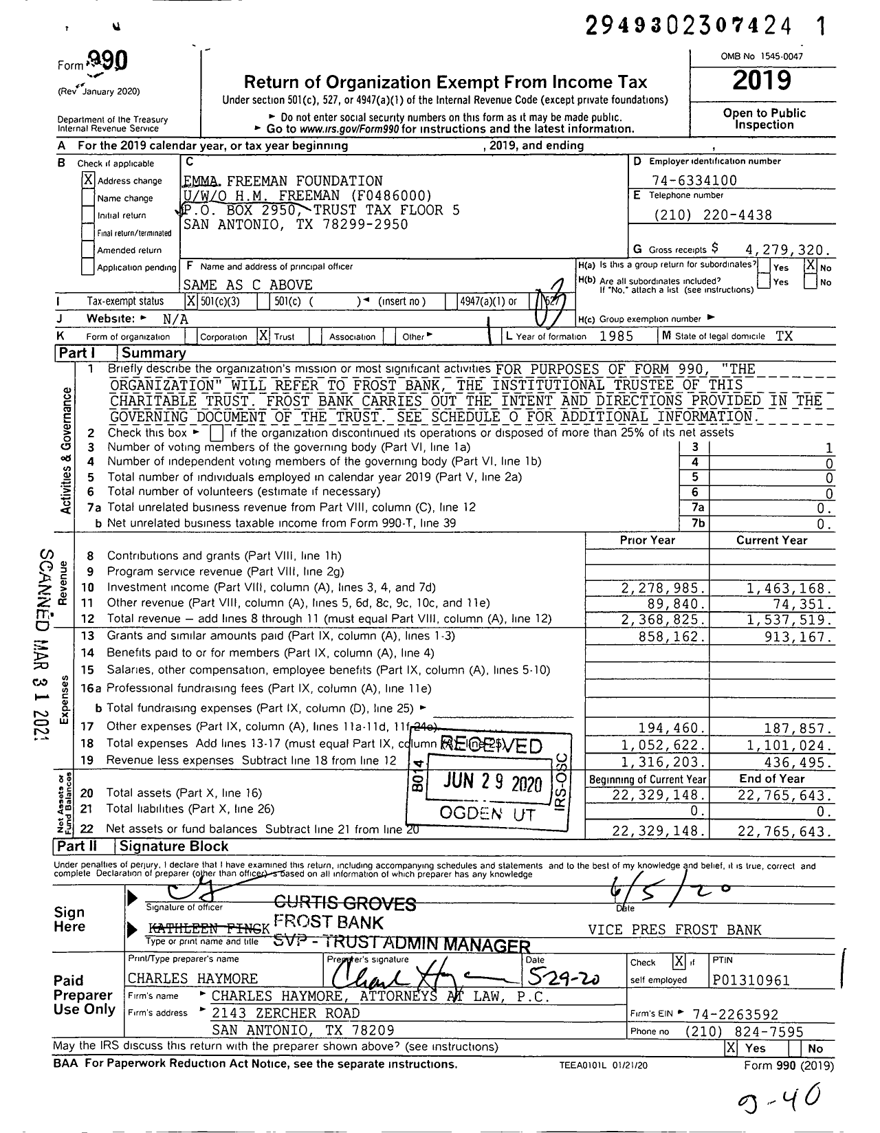 Image of first page of 2019 Form 990 for Freeman Emma Foundation F0486000