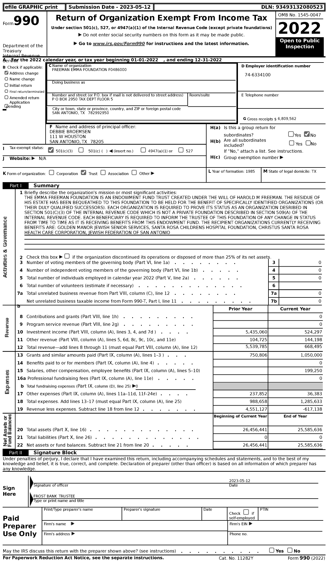 Image of first page of 2022 Form 990 for Freeman Emma Foundation F0486000