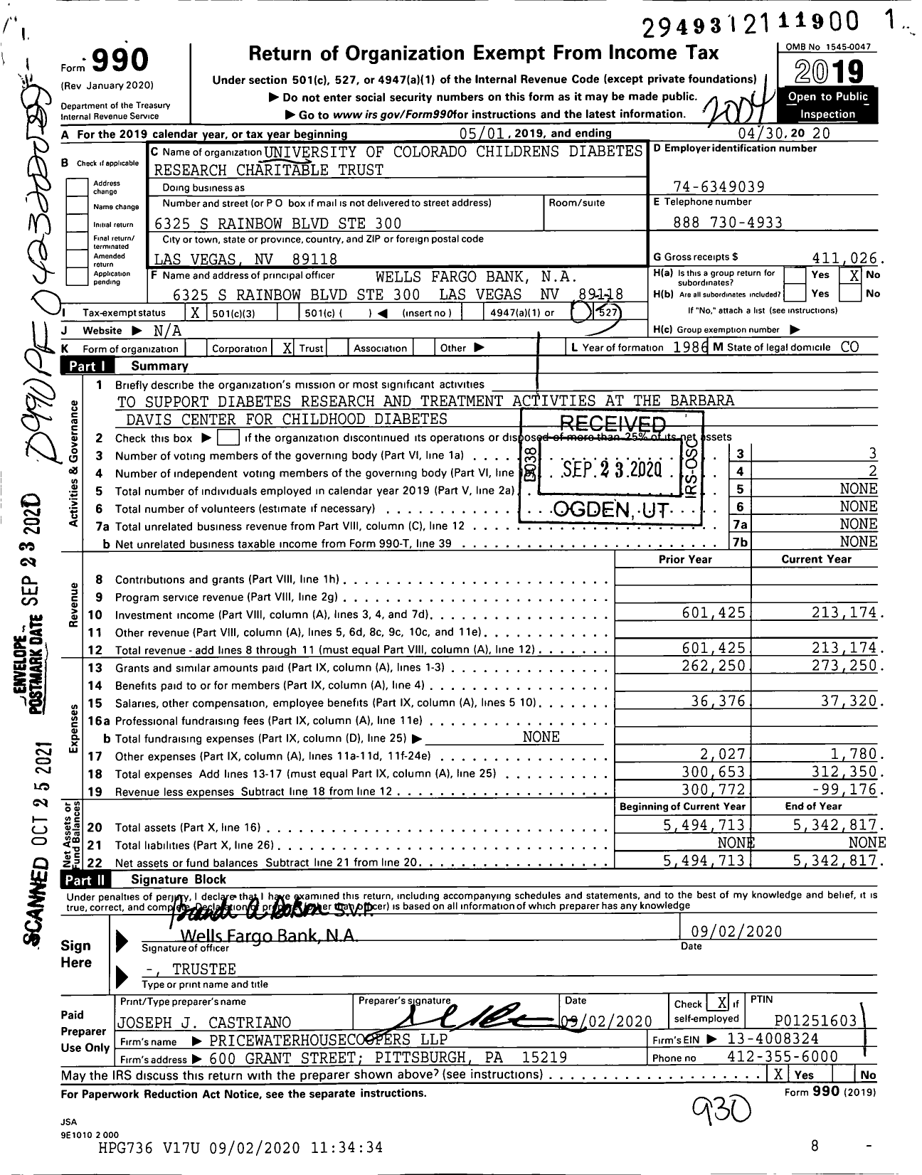 Image of first page of 2019 Form 990 for University of Colorado Childrens Diabetes