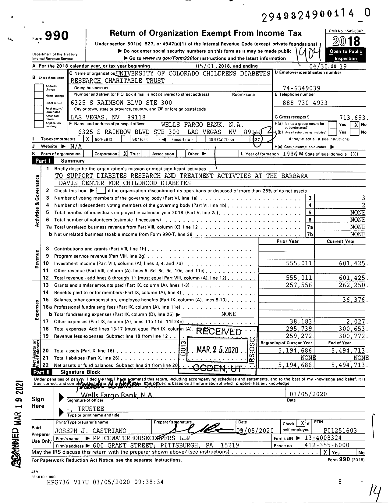 Image of first page of 2018 Form 990 for University of Colorado Childrens Diabetes