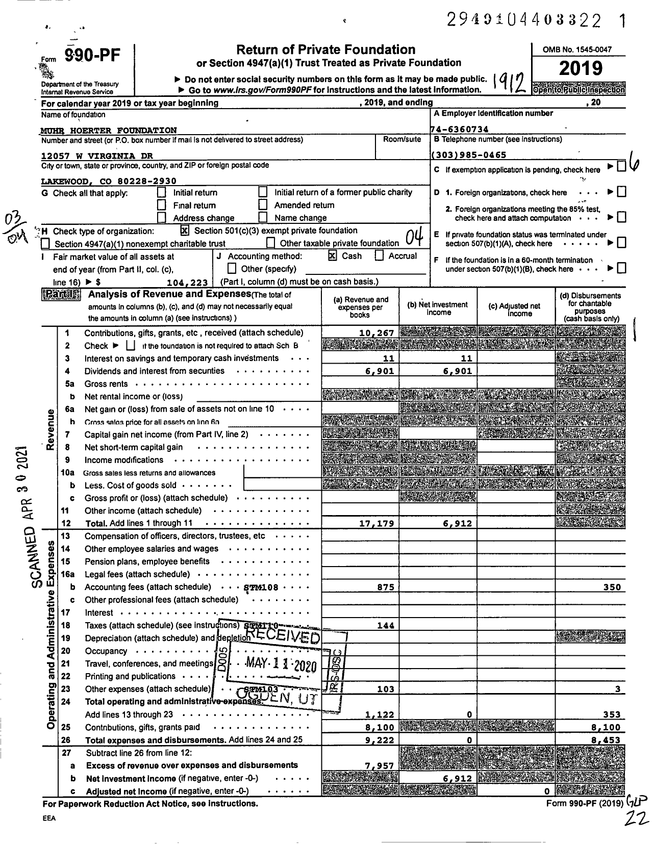 Image of first page of 2019 Form 990PF for Muhr Hoerter Foundation