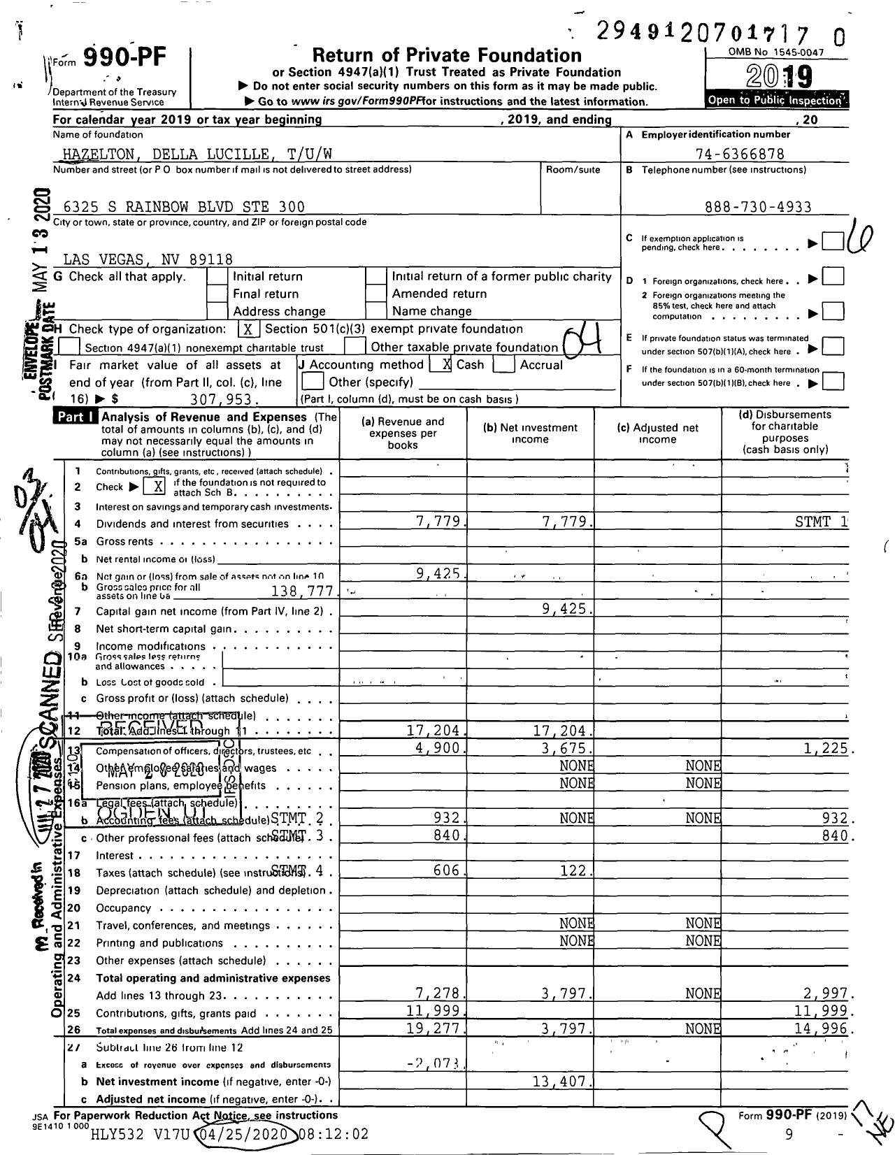 Image of first page of 2019 Form 990PR for Hazelton Della Lucille Tuw