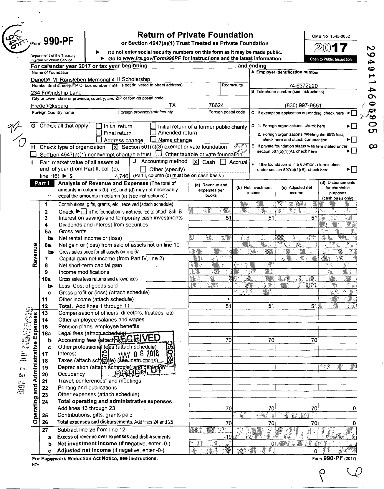 Image of first page of 2017 Form 990PF for Danette M Ransleben Memorial 4-H Scholarship