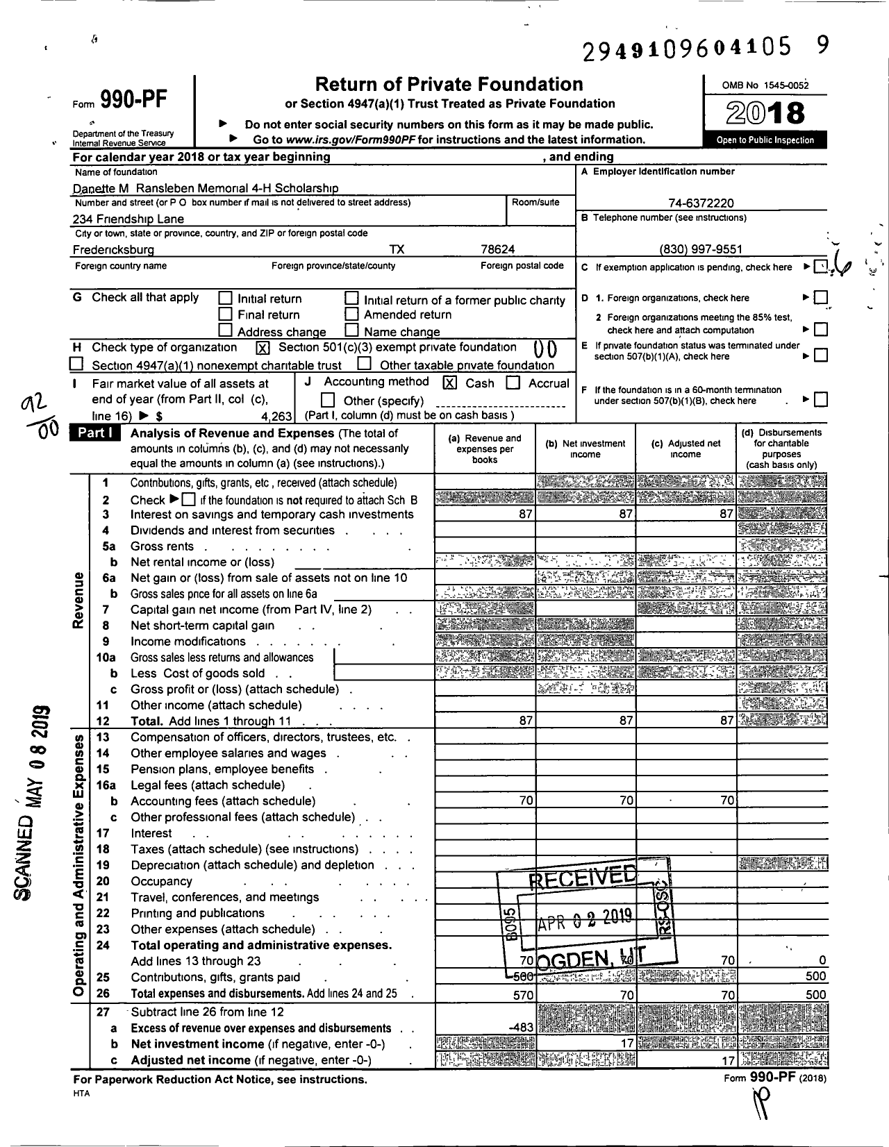 Image of first page of 2018 Form 990PF for Danette M Ransleben Memorial 4-H Scholarship