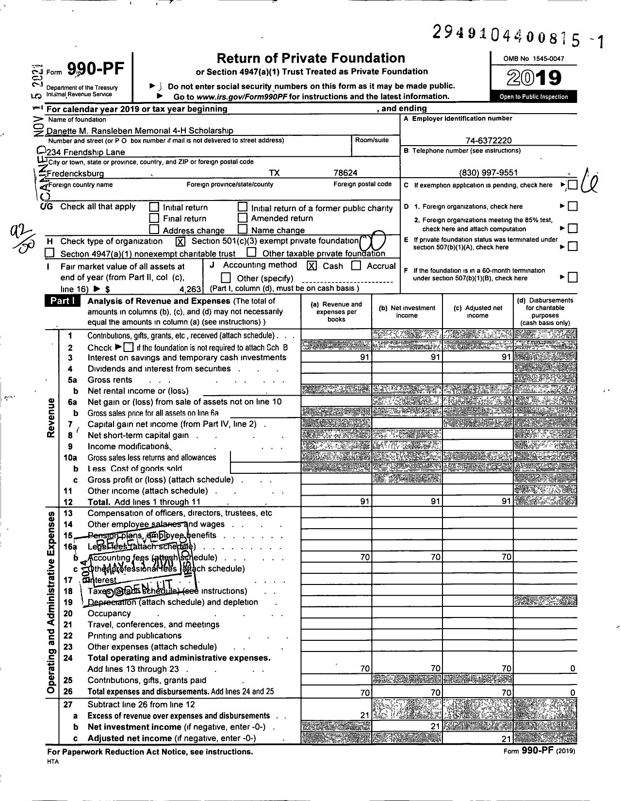 Image of first page of 2019 Form 990PF for Danette M Ransleben Memorial 4-H Scholarship