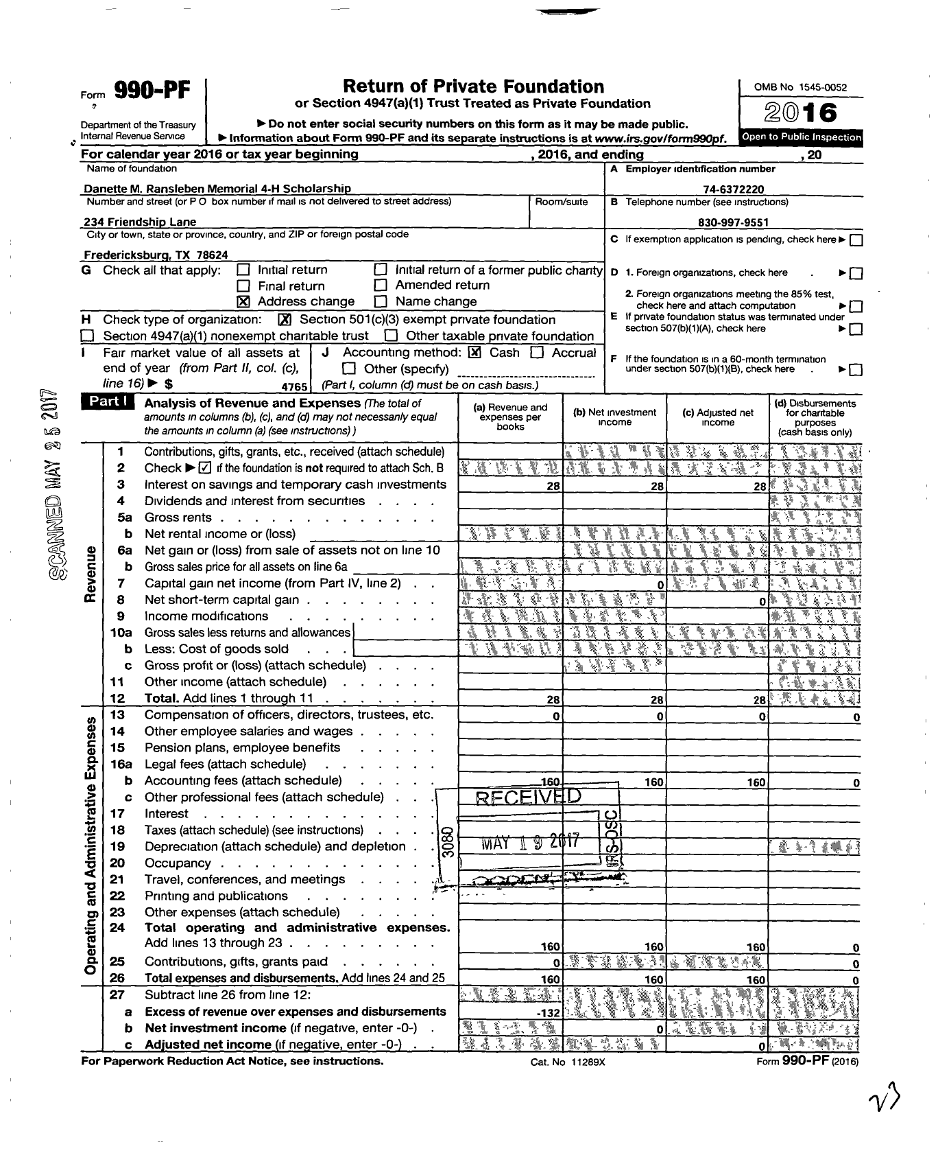 Image of first page of 2016 Form 990PF for Danette M Ransleben Memorial 4-H Scholarship