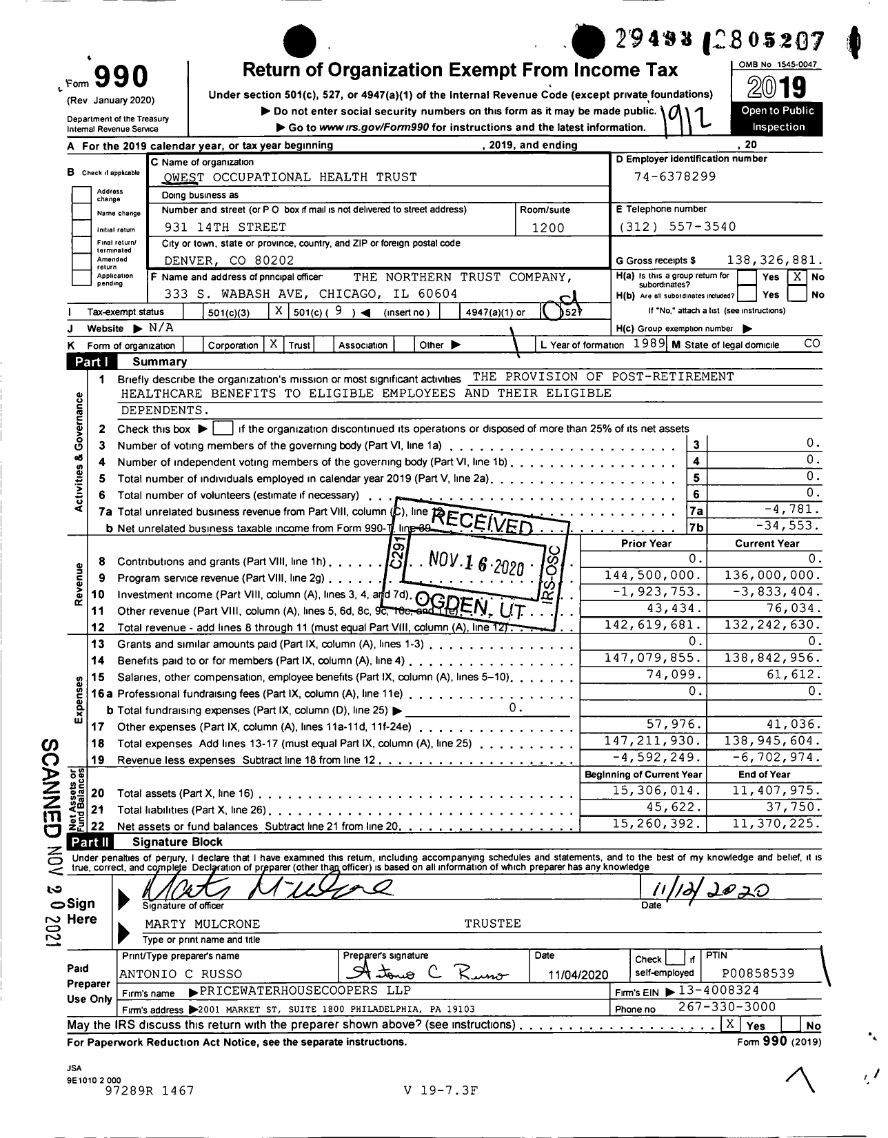 Image of first page of 2019 Form 990O for Qwest Occupational Health Trust