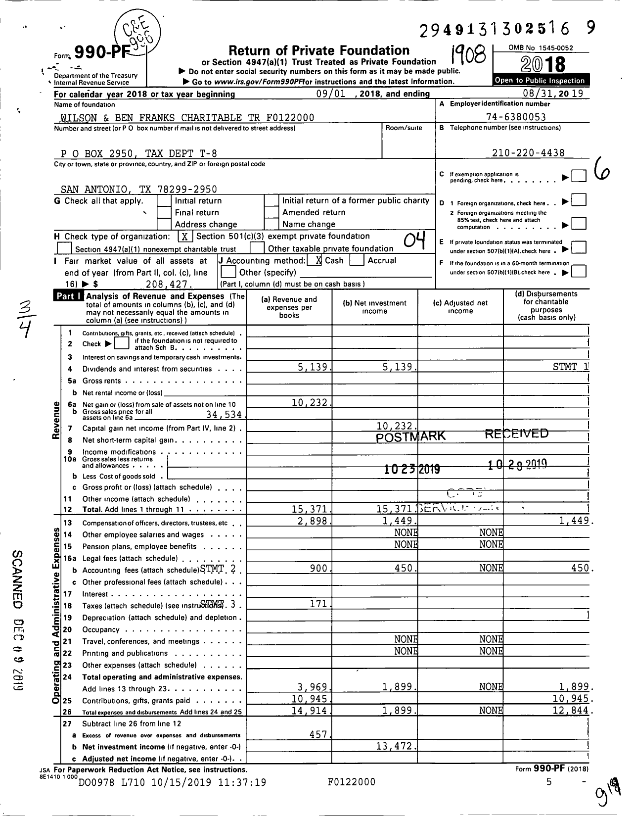Image of first page of 2018 Form 990PF for Wilson and Ben Franks Charitable TR F0122000
