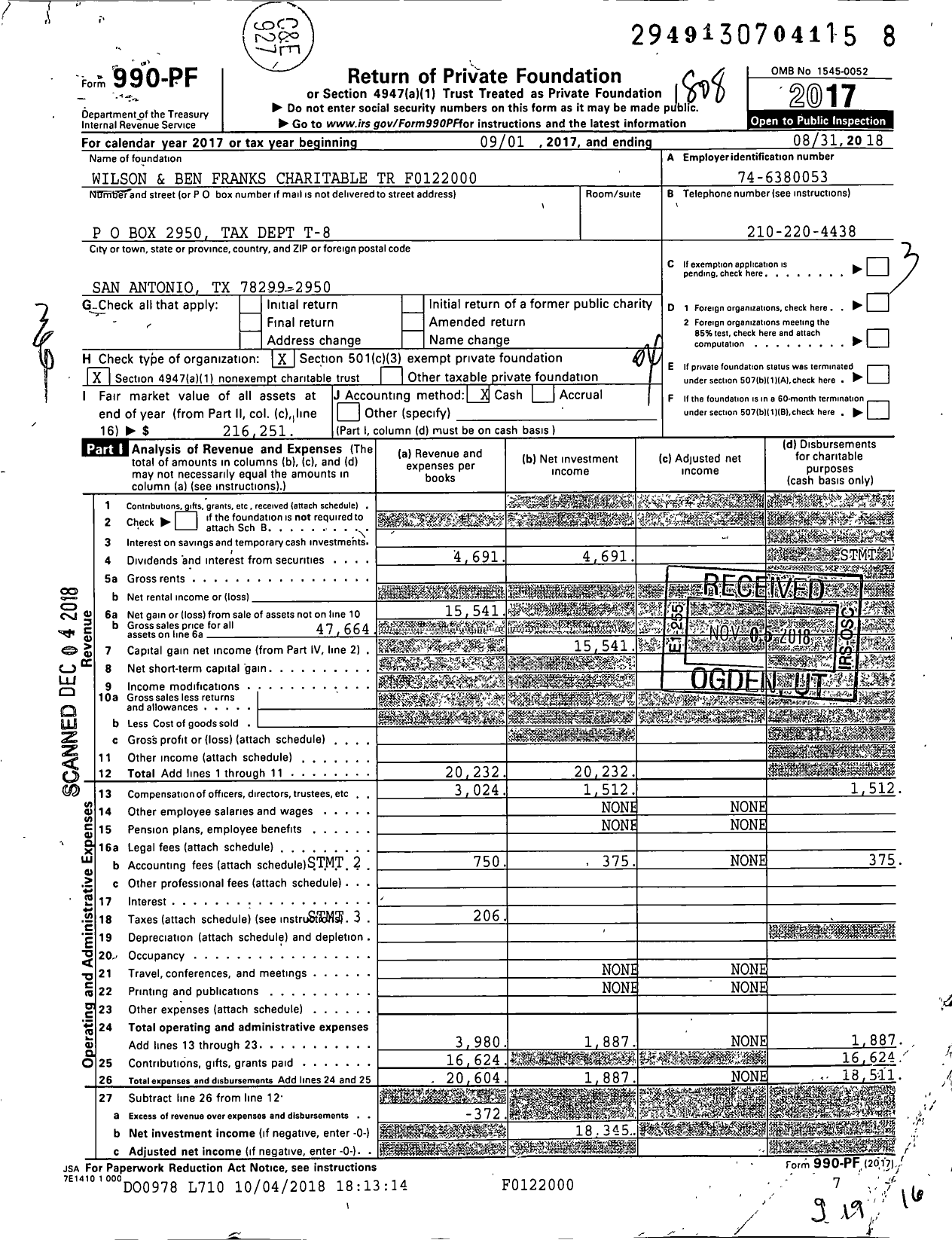 Image of first page of 2017 Form 990PF for Wilson and Ben Franks Charitable TR F0122000