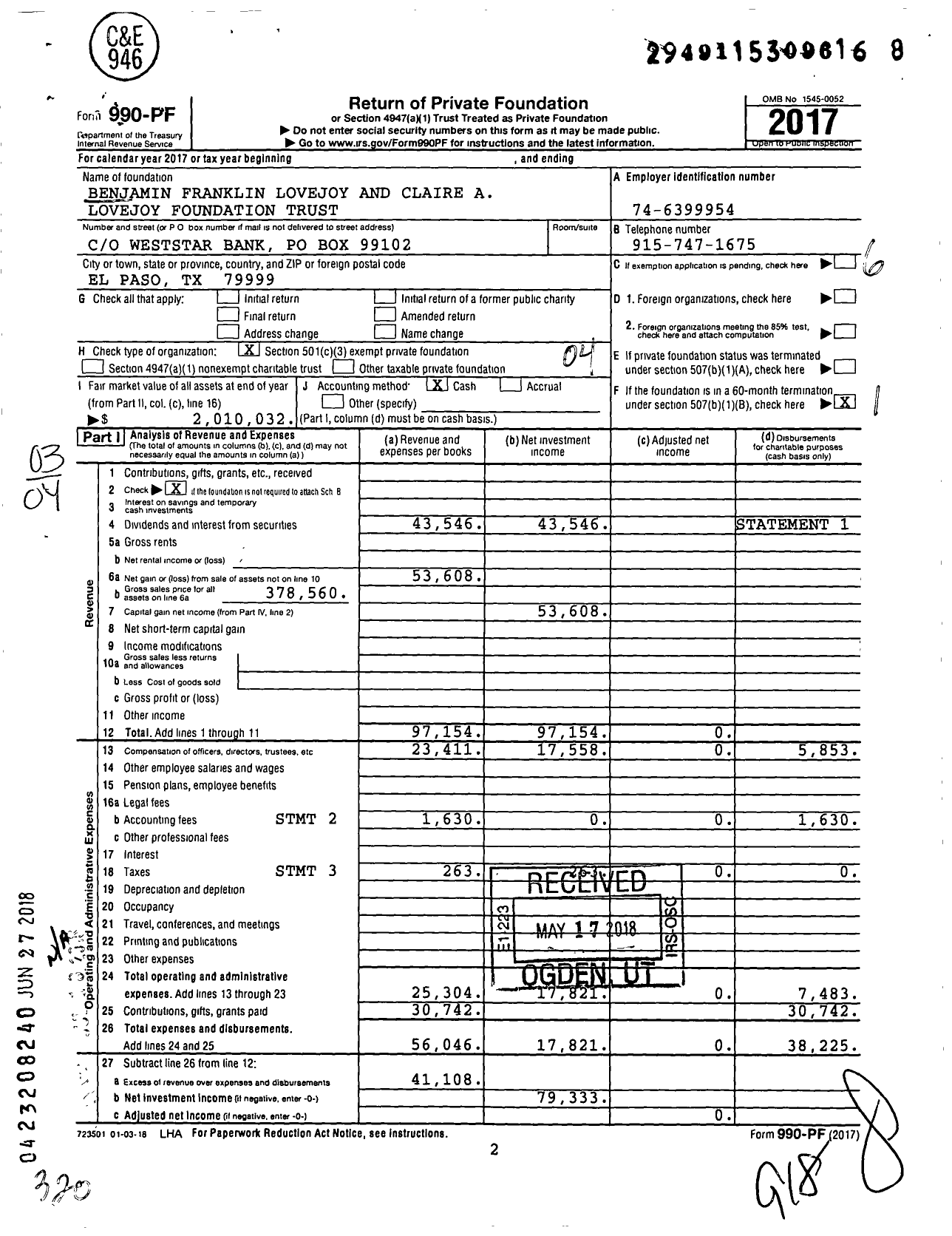 Image of first page of 2017 Form 990PF for Benjamin Franklin Lovejoy and Claire A Lovejoy Foundation Trust