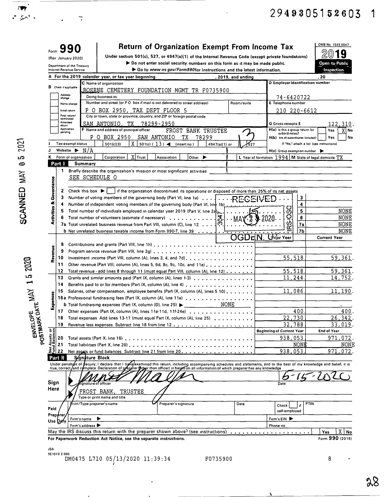 Image of first page of 2019 Form 990O for Boerne Cemetery Foundation MGMT TR F0735900