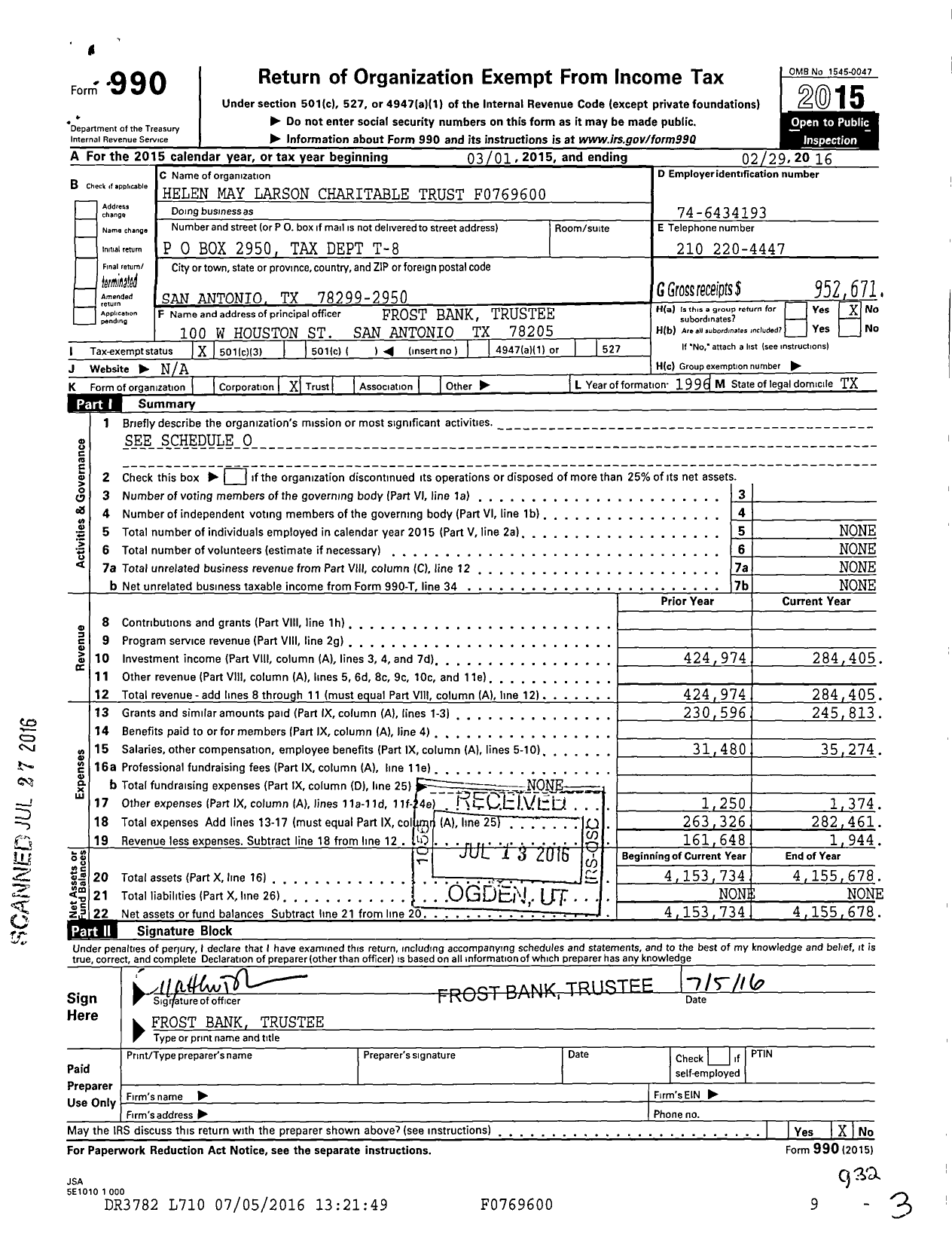 Image of first page of 2015 Form 990 for Helen May Larson Charitable Trust F0769600