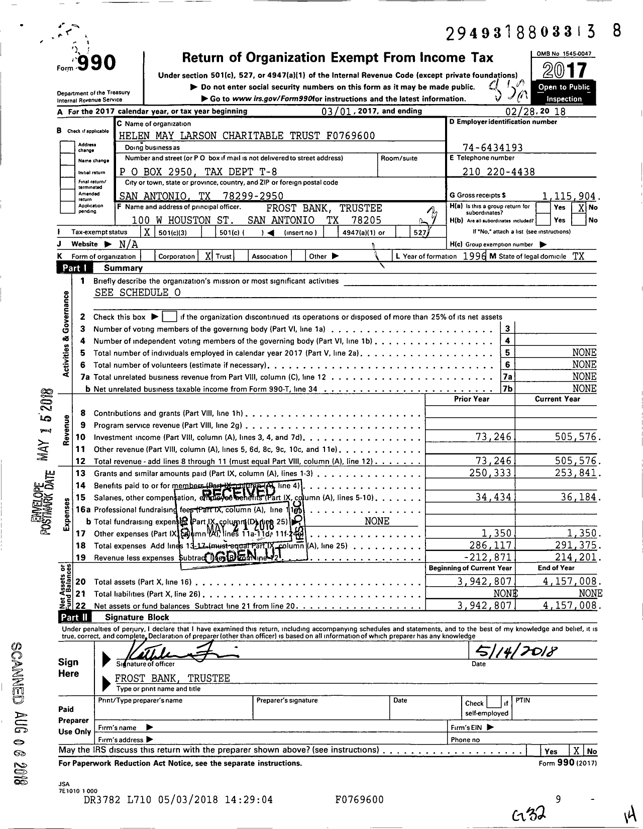 Image of first page of 2017 Form 990 for Helen May Larson Charitable Trust F0769600