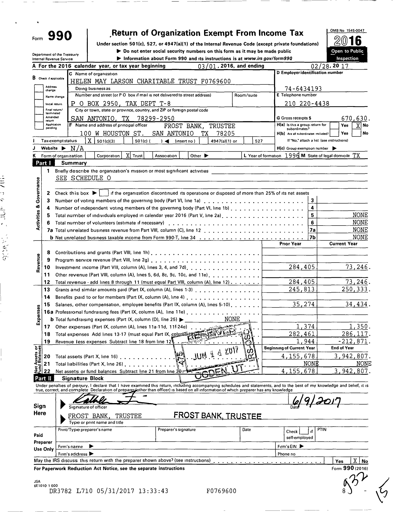 Image of first page of 2016 Form 990 for Helen May Larson Charitable Trust F0769600