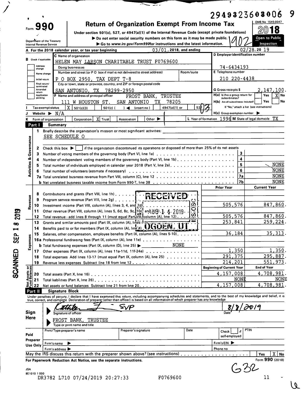 Image of first page of 2018 Form 990 for Helen May Larson Charitable Trust F0769600