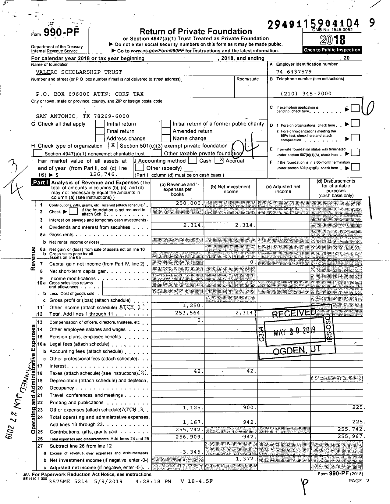Image of first page of 2018 Form 990PF for Valero Scholarship Trust