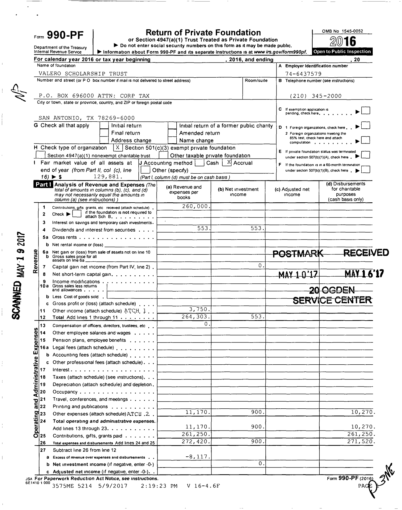 Image of first page of 2016 Form 990PF for Valero Scholarship Trust