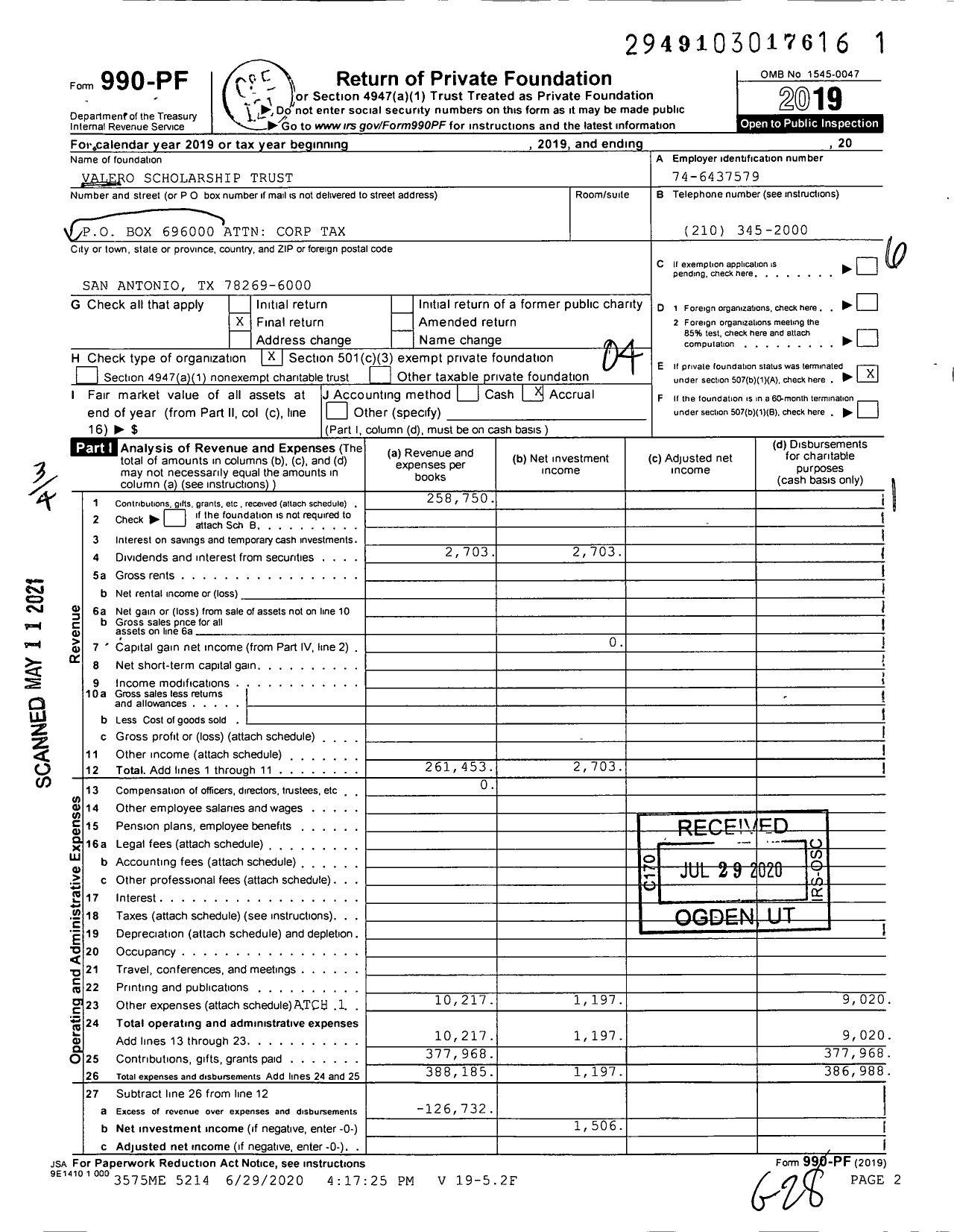 Image of first page of 2019 Form 990PF for Valero Scholarship Trust