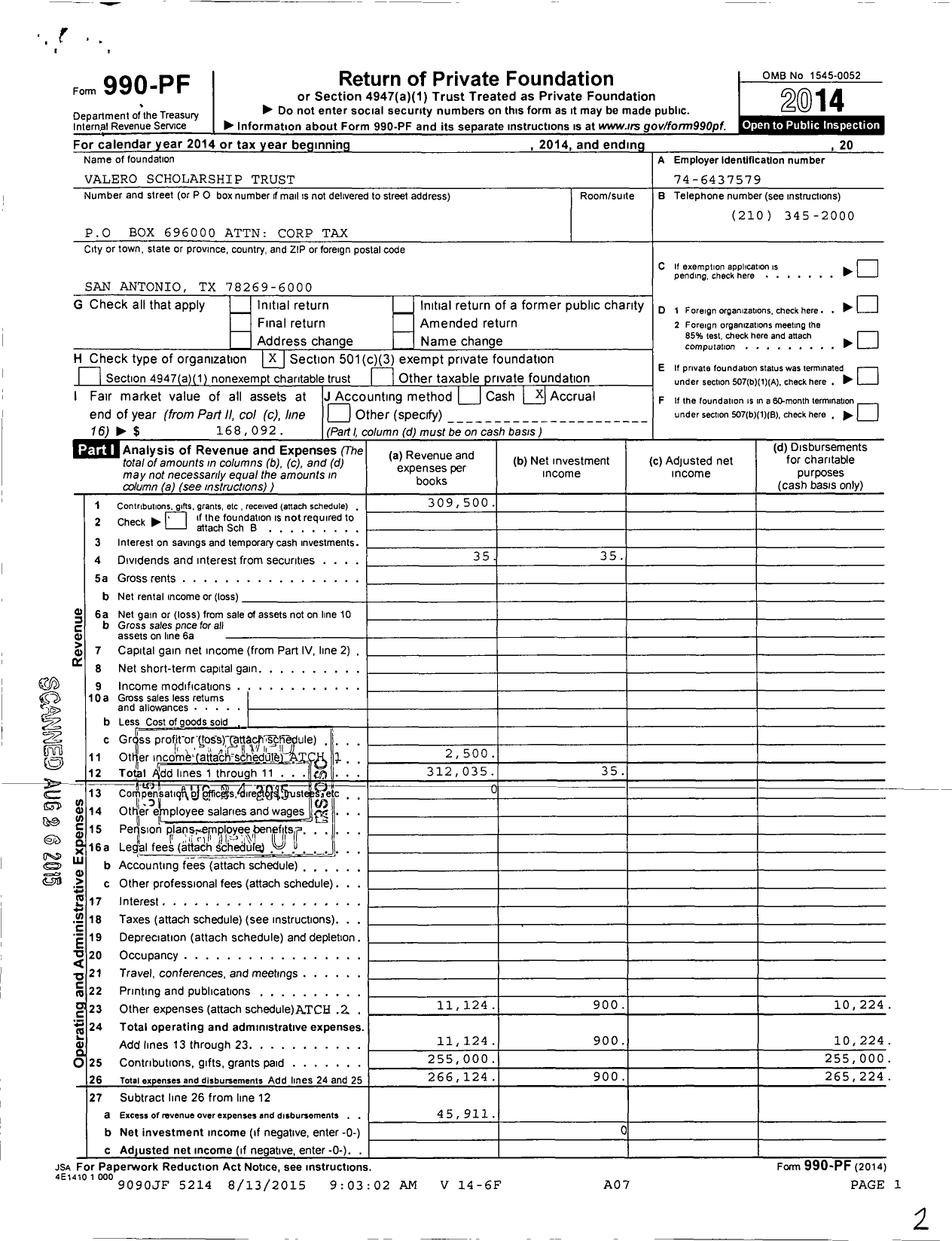 Image of first page of 2014 Form 990PF for Valero Scholarship Trust