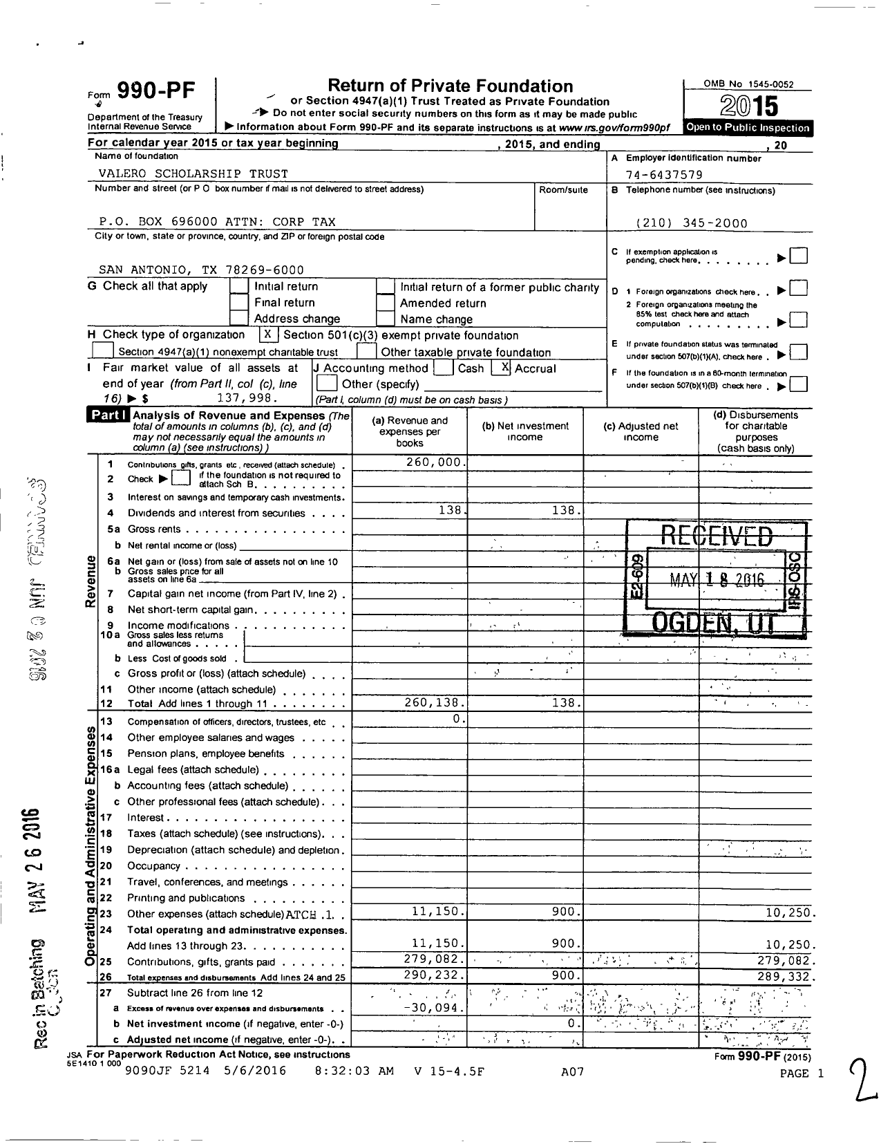 Image of first page of 2015 Form 990PF for Valero Scholarship Trust