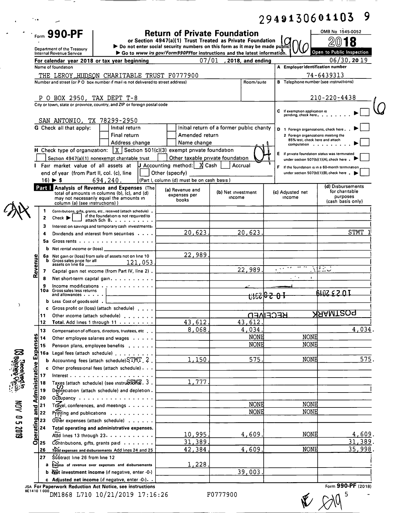 Image of first page of 2018 Form 990PF for The Leroy Hudson Charitable Trust F0777900