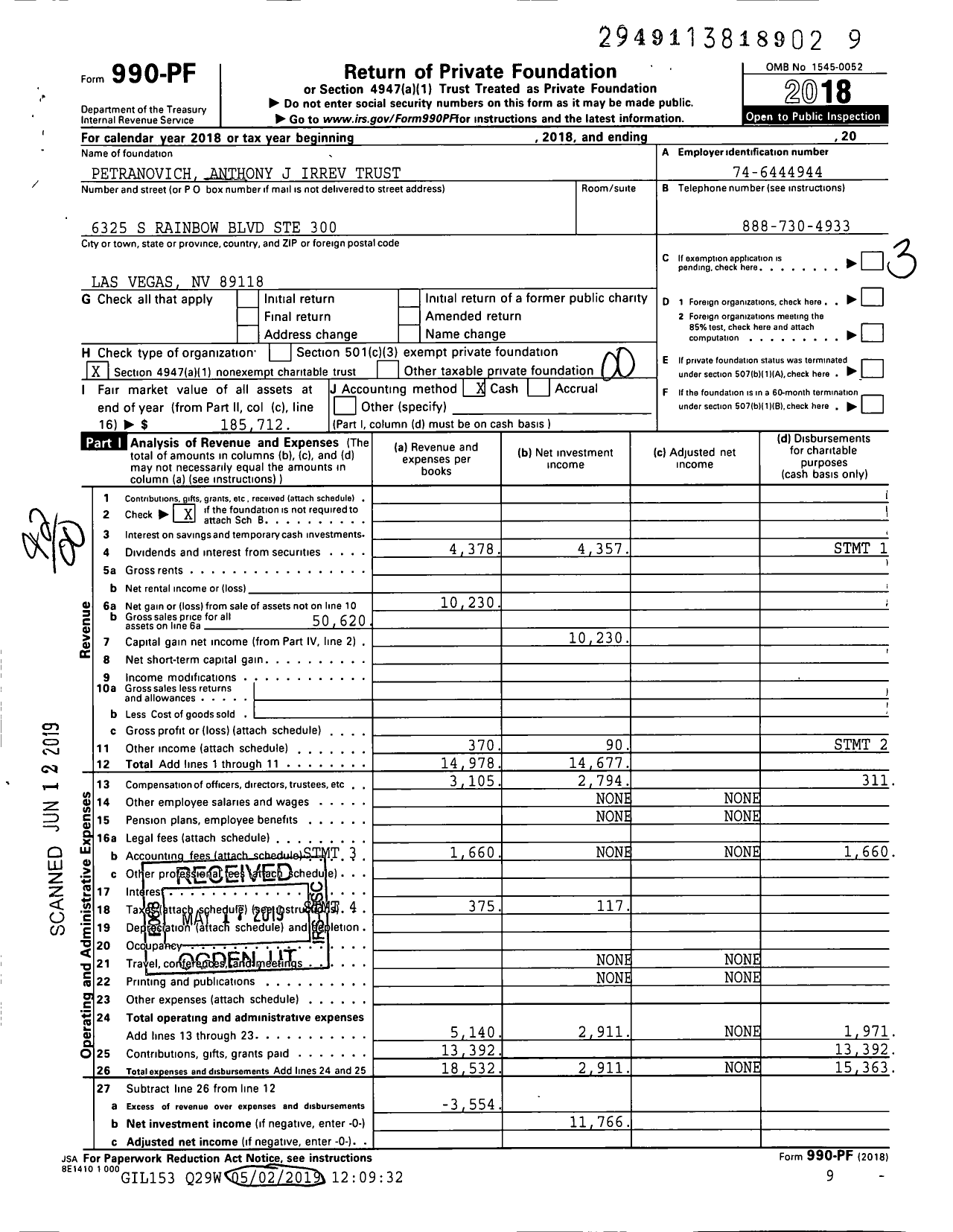 Image of first page of 2018 Form 990PF for Petranovich Anthony J Irrev Trust