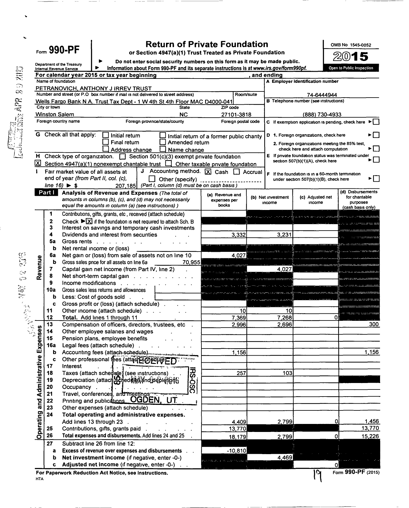 Image of first page of 2015 Form 990PF for Petranovich Anthony J Irrev Trust