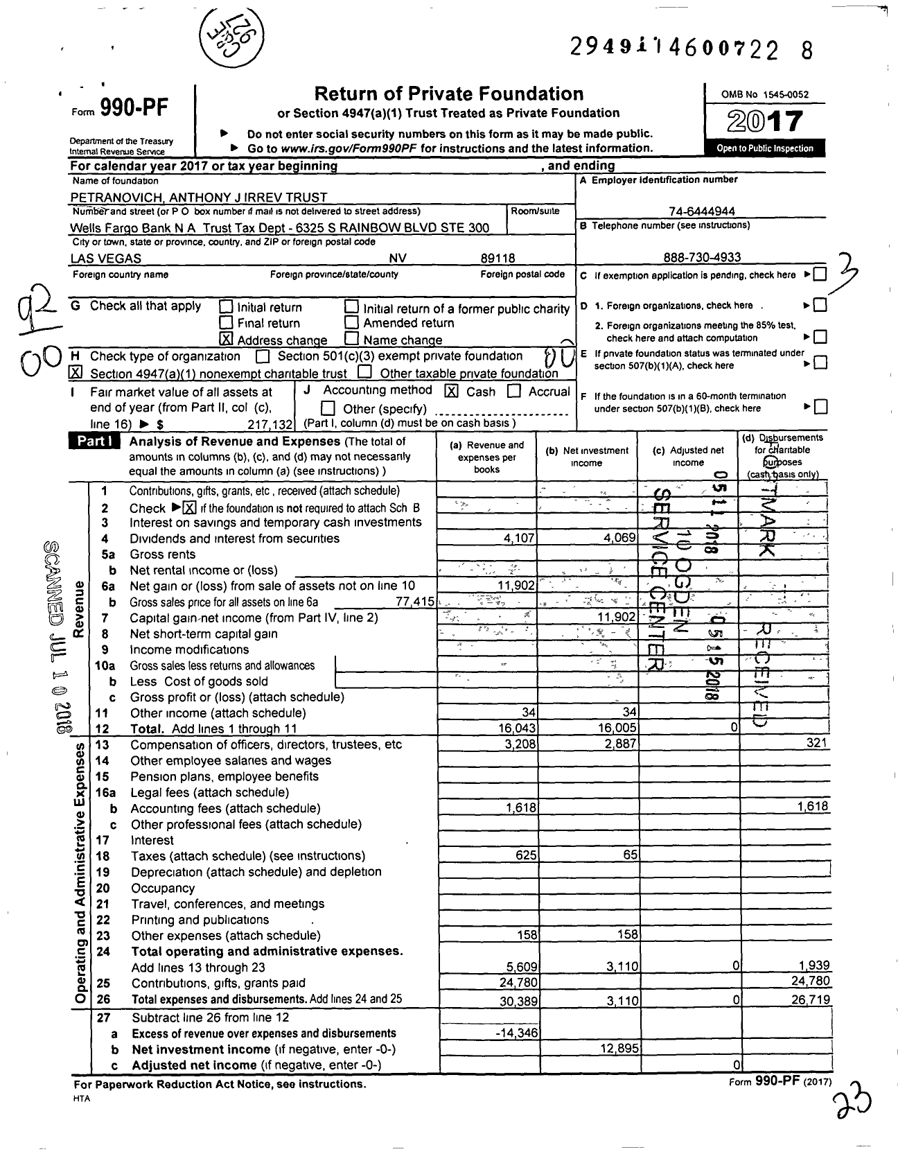 Image of first page of 2017 Form 990PF for Petranovich Anthony J Irrev Trust