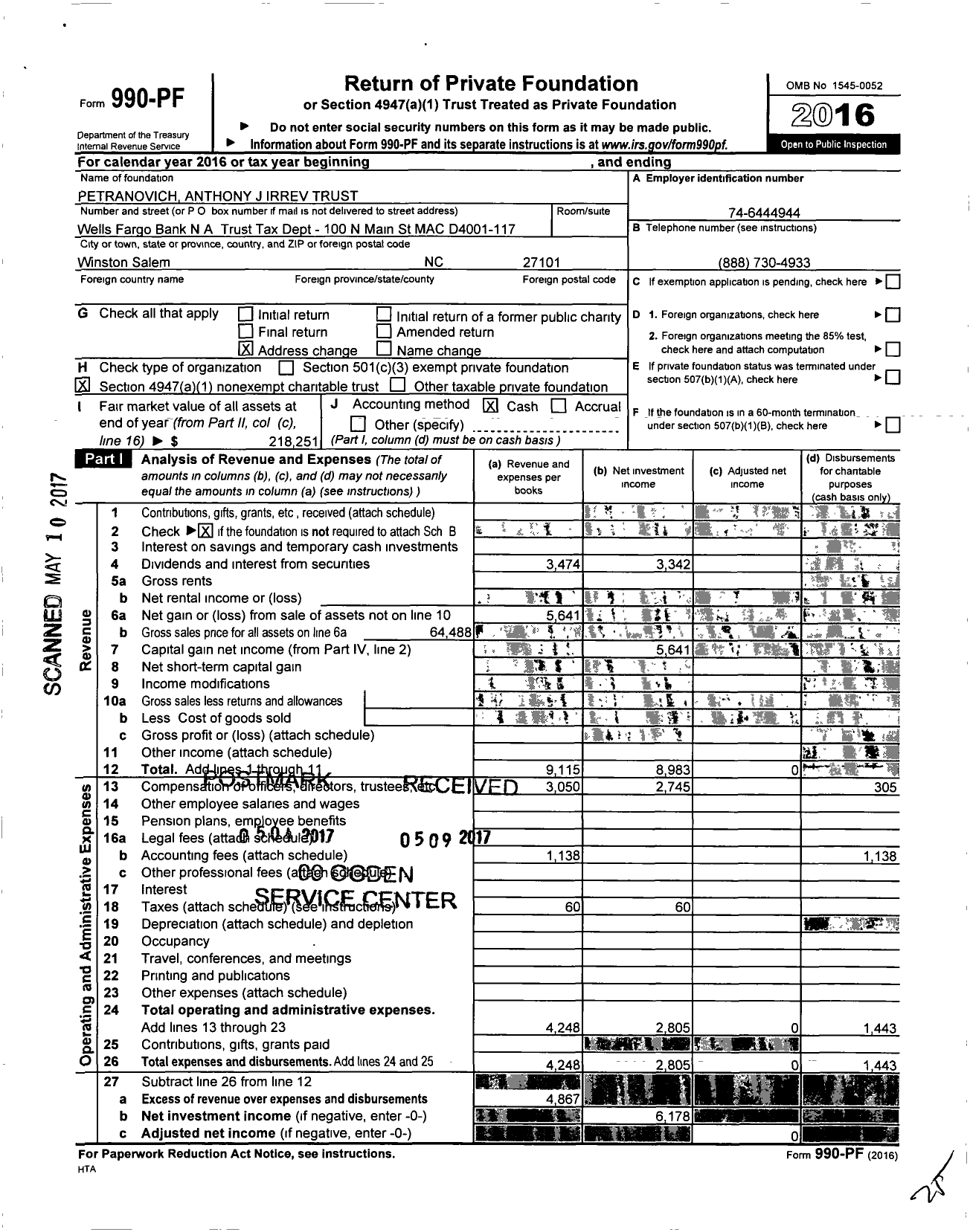 Image of first page of 2016 Form 990PF for Petranovich Anthony J Irrev Trust