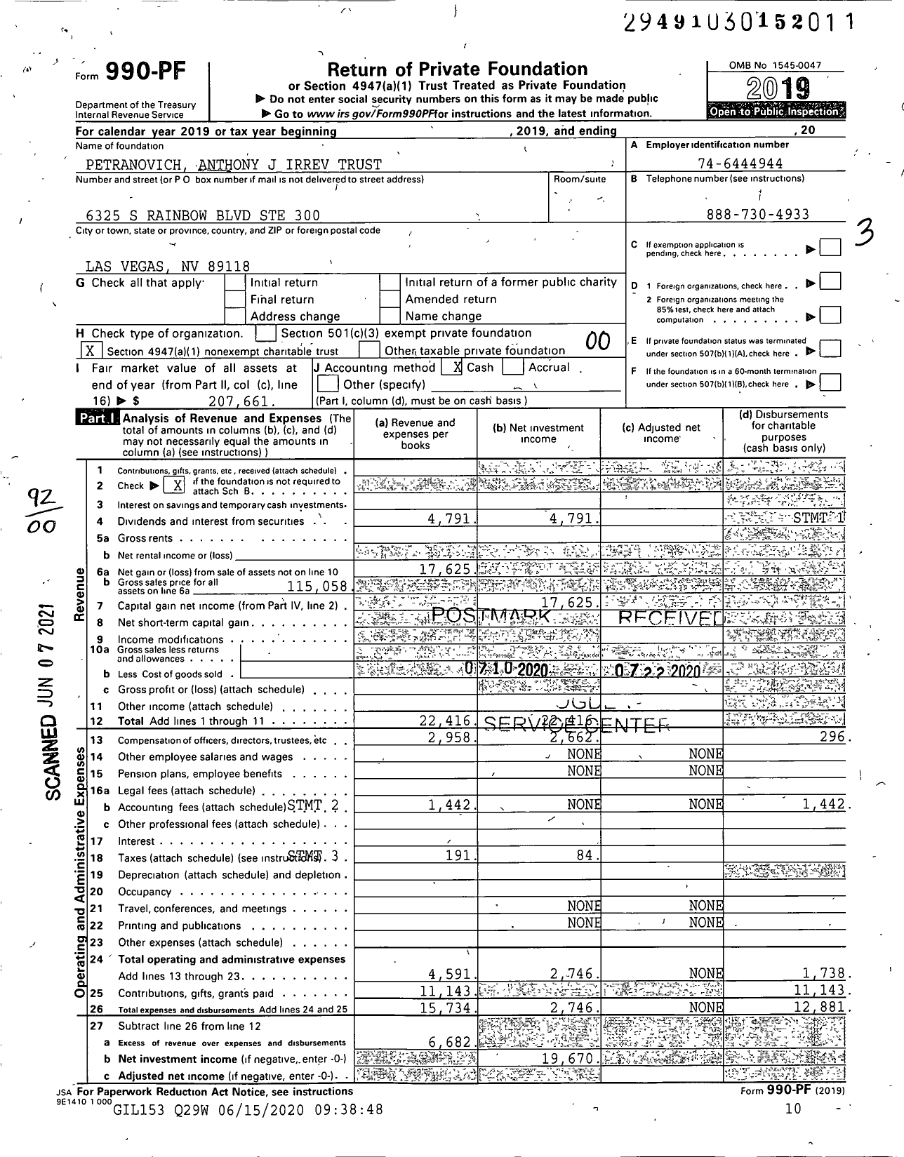 Image of first page of 2019 Form 990PF for Petranovich Anthony J Irrev Trust