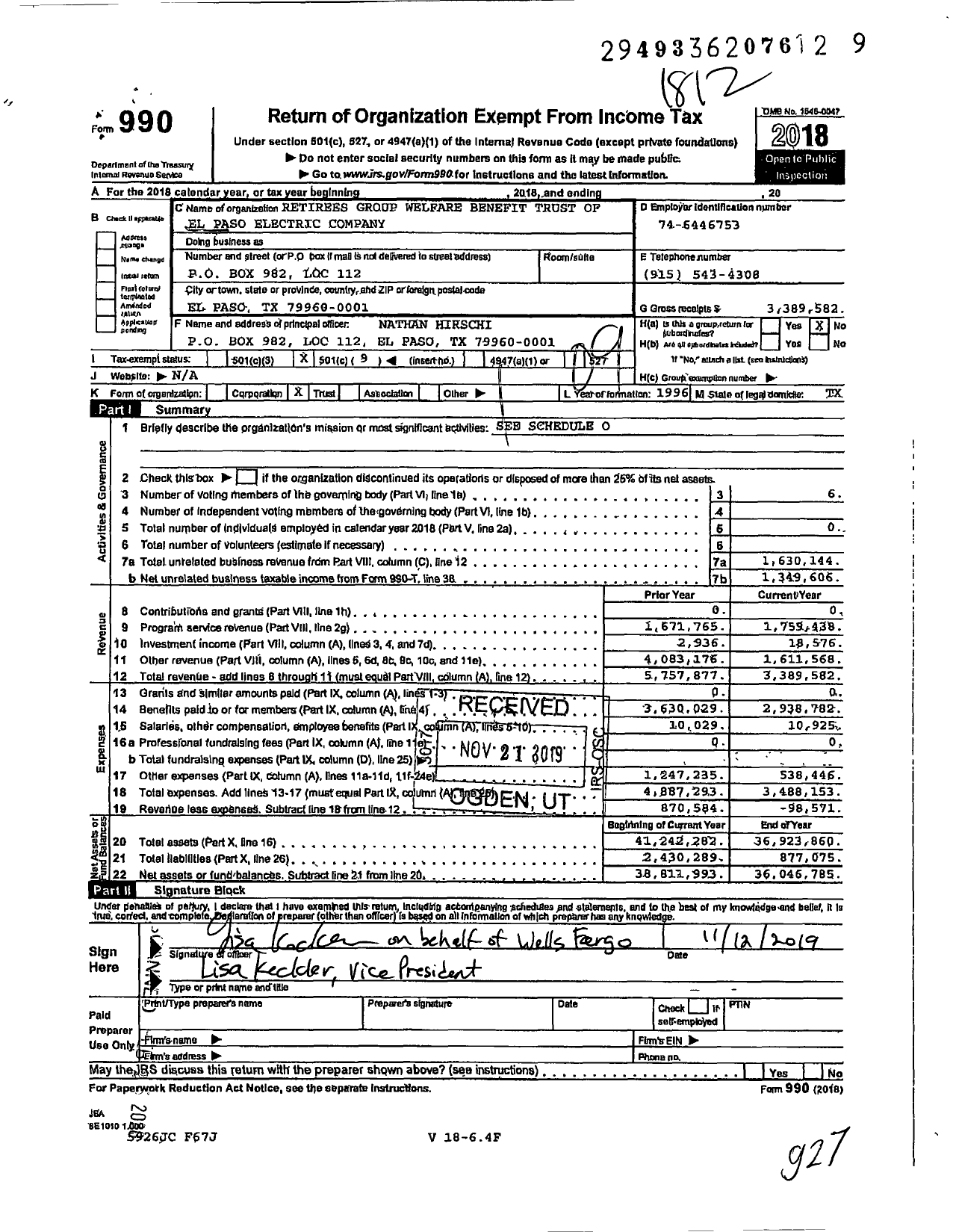 Image of first page of 2018 Form 990O for Retirees Group Welfare Benefit Trust of El Paso Electric Company