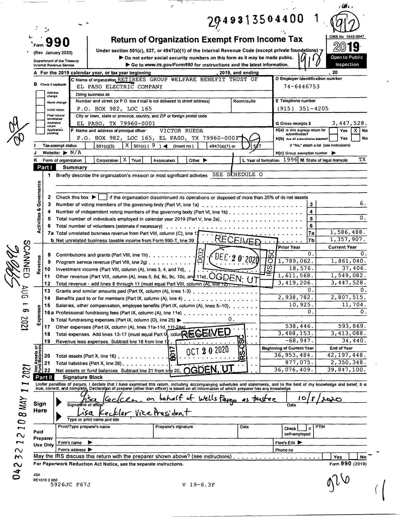 2019 Form 990 For Retirees Group Welfare Benefit Trust Of El Paso 