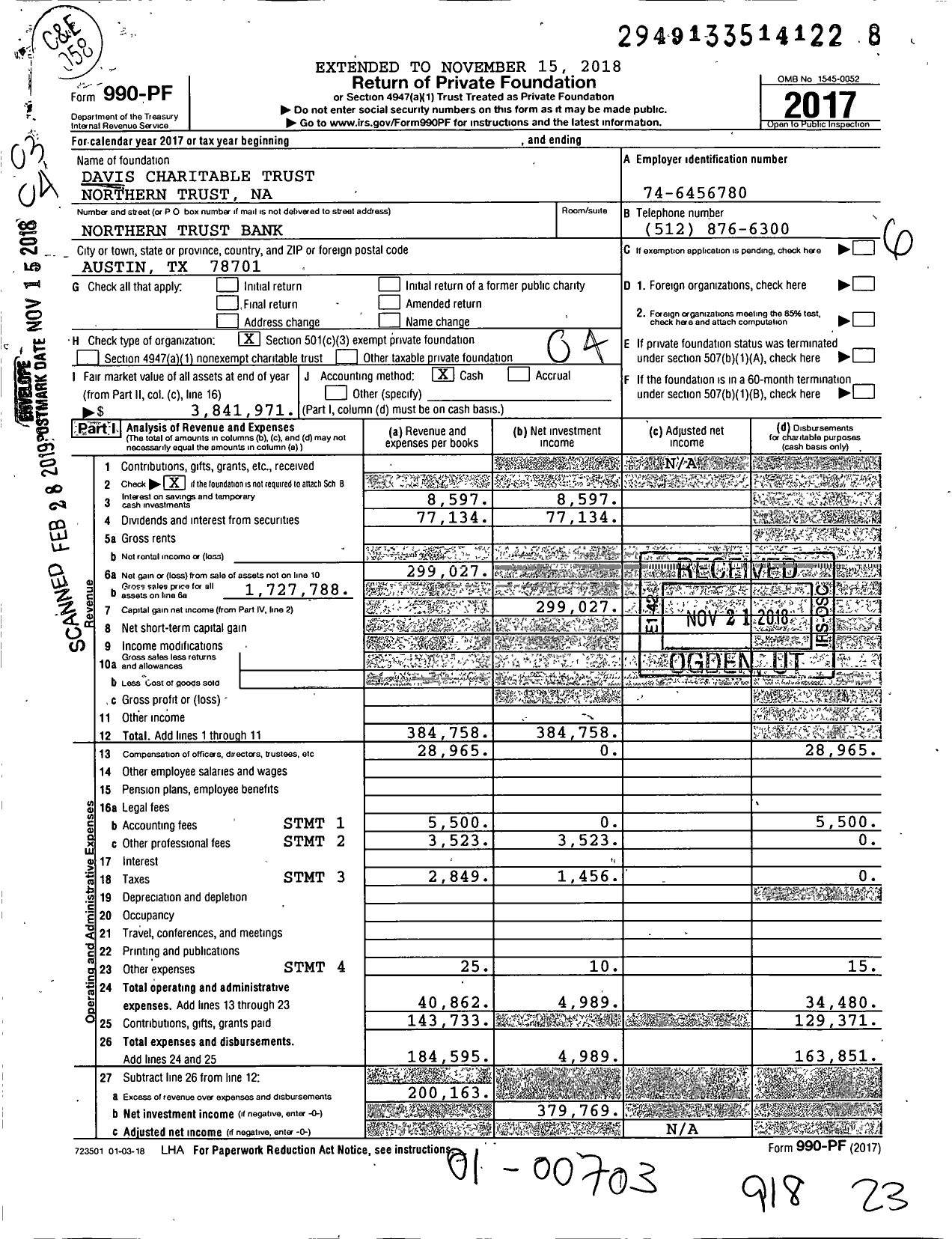 Image of first page of 2017 Form 990PF for Davis Charitable Trust