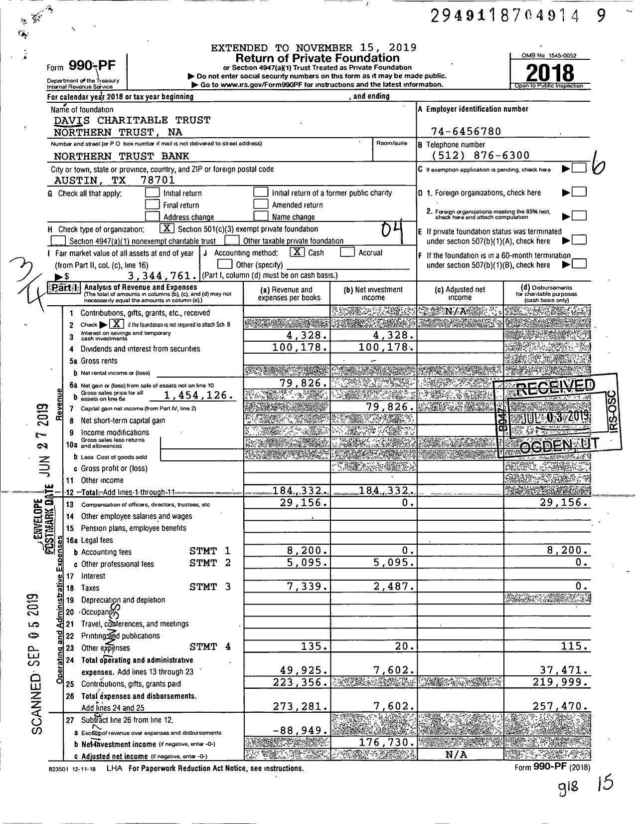 Image of first page of 2018 Form 990PF for Davis Charitable Trust