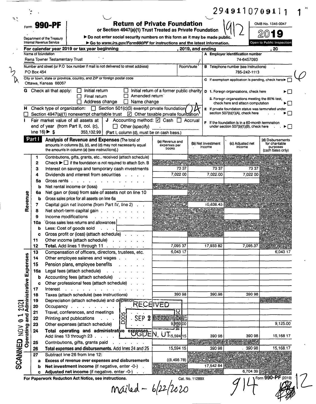 Image of first page of 2019 Form 990PF for Rena Towner Testamentary Trust