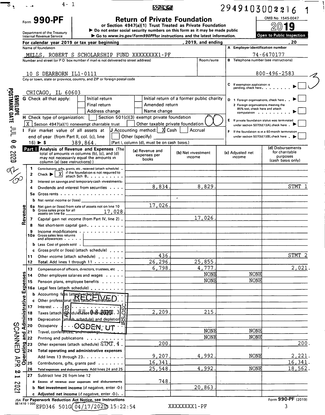 Image of first page of 2019 Form 990PF for Mells Robert S Scholarship Fund XXXXX8001