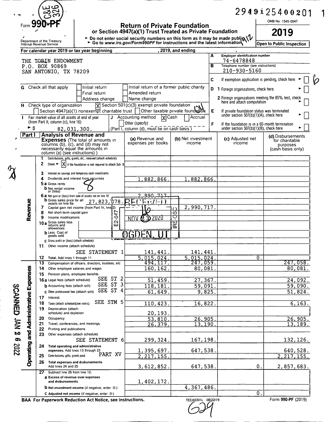 Image of first page of 2019 Form 990PF for The Tobin Endowment