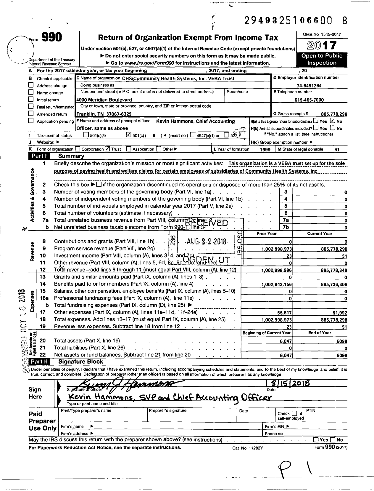 Image of first page of 2017 Form 990O for Chscommunity Health Systems Veba Trust