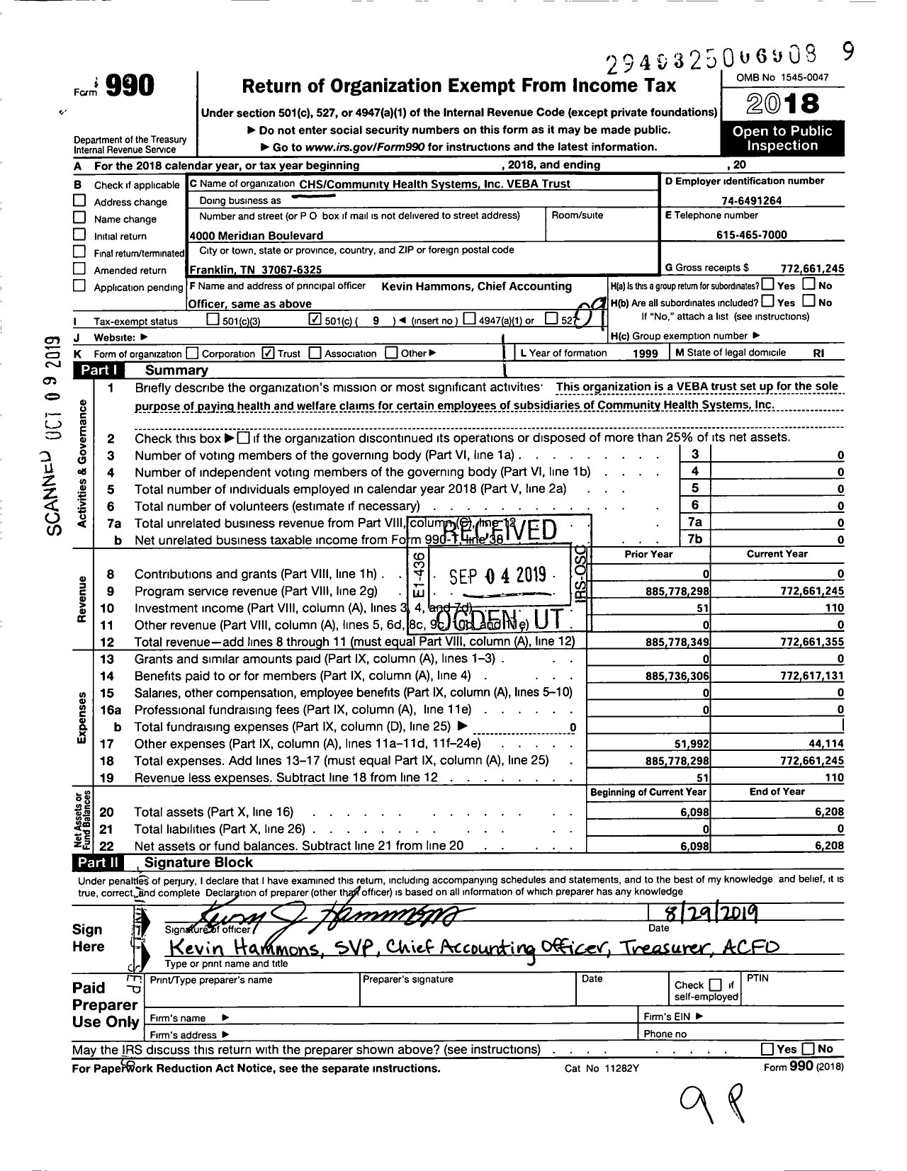 Image of first page of 2018 Form 990O for Chscommunity Health Systems Veba Trust