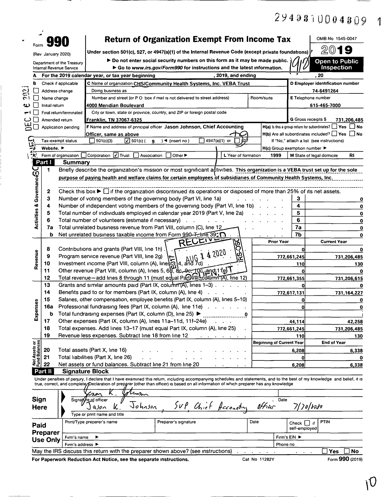 Image of first page of 2019 Form 990O for Chscommunity Health Systems Veba Trust