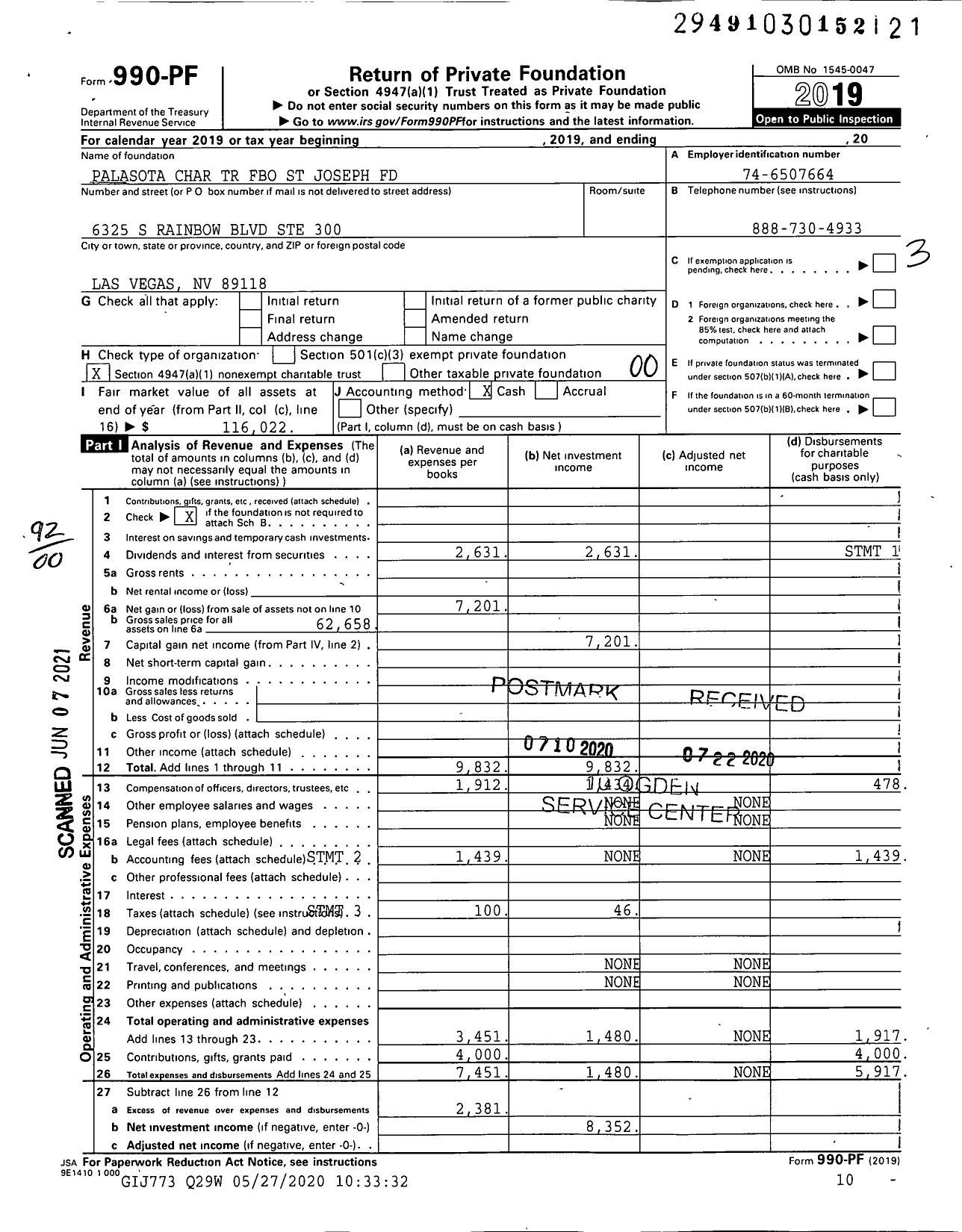 Image of first page of 2019 Form 990PF for Palasota Charitable Trust Fbo St Joseph Fund