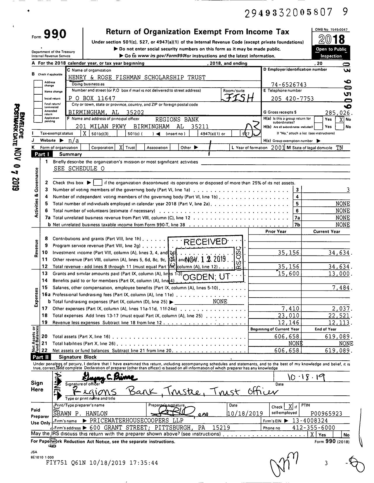 Image of first page of 2018 Form 990 for Henry and Rose Fishman Scholarship Trust