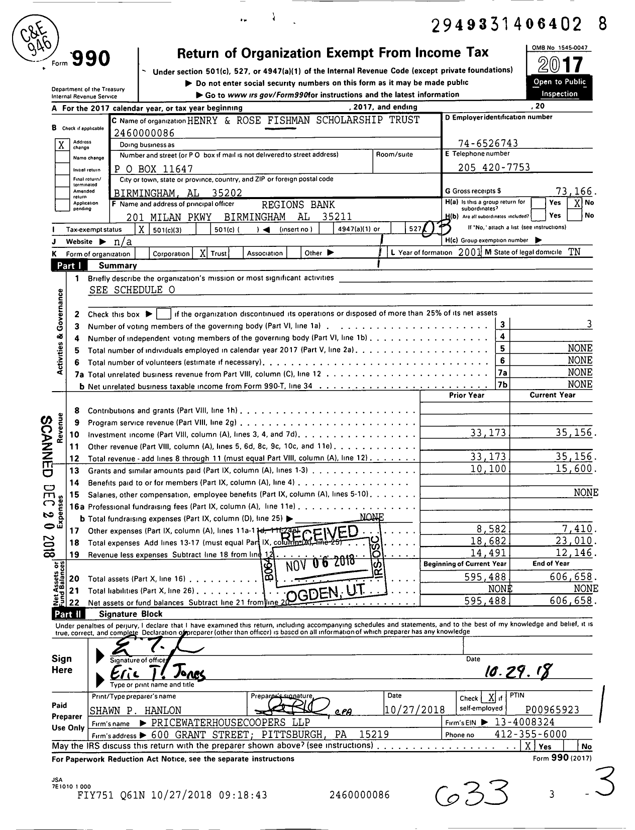 Image of first page of 2017 Form 990 for Henry and Rose Fishman Scholarship Trust