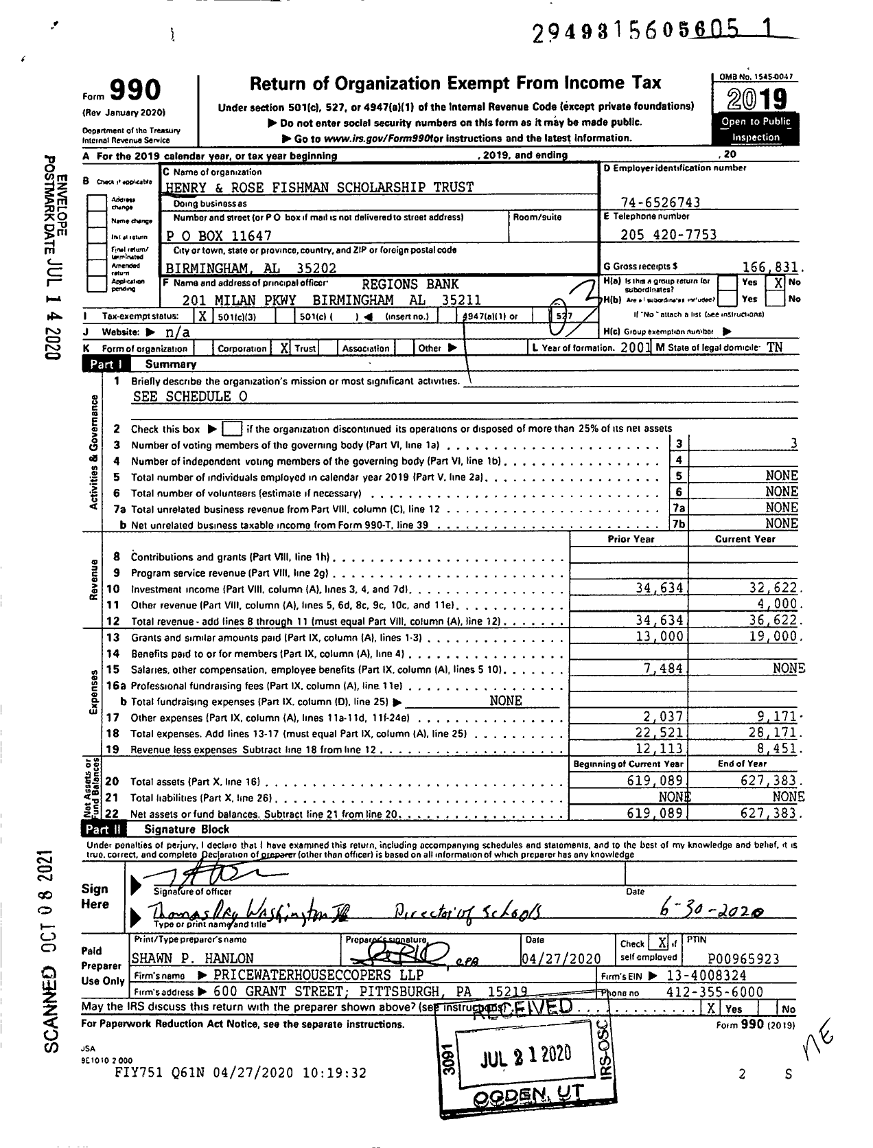 Image of first page of 2019 Form 990 for Henry and Rose Fishman Scholarship Trust