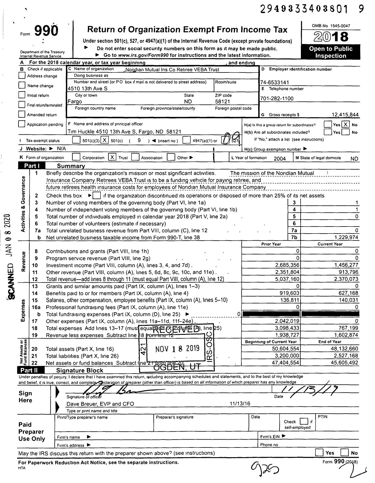 Image of first page of 2018 Form 990O for Blue Cross Blue Shield of North Dakota Funded GROUP BENEFIT PLAN