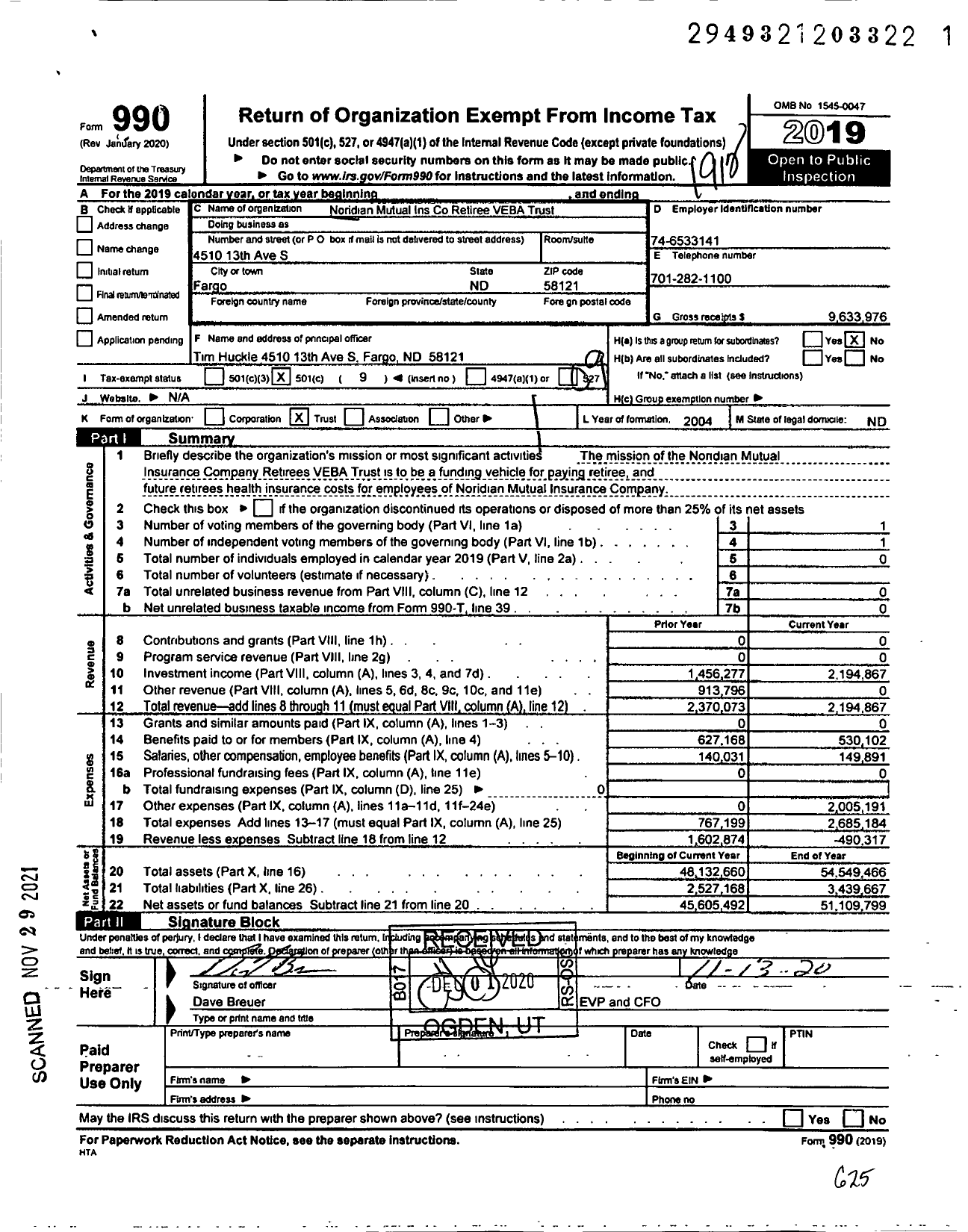 Image of first page of 2019 Form 990O for Blue Cross Blue Shield of North Dakota Funded GROUP BENEFIT PLAN